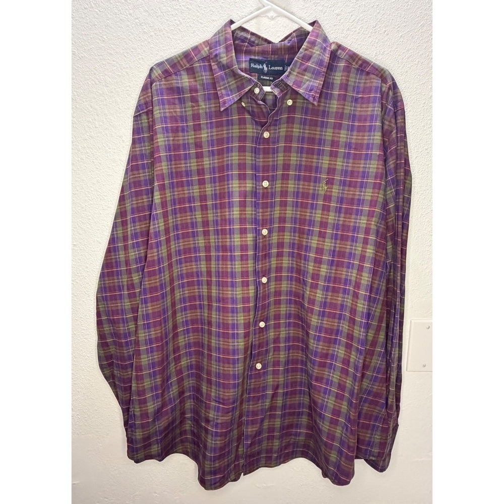 Ralph Lauren Classic Fit Purple Green Plaid Button Down Shirt Mens XXL Cotton